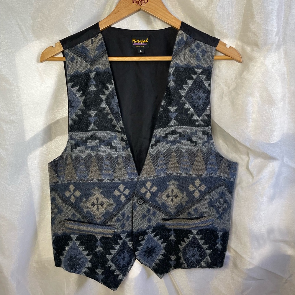 VTG 90’s Retro Wool Grey Blue Aztec Rockies Print V-Neck Button Down Vest Top